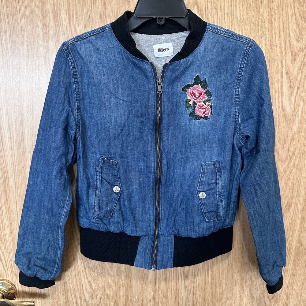 Hudson Denim Flower Zip Up Moto Jean Jacket Girls L